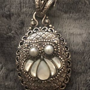 Signed Sarda sterling silver mother of pearl owl pendent
